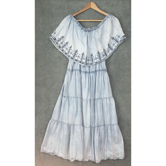 Reba Dress Womens‎ Large Blue Maxi Denim Off The Shoulder Tiered Ruffles Boho - Picture 1 of 10